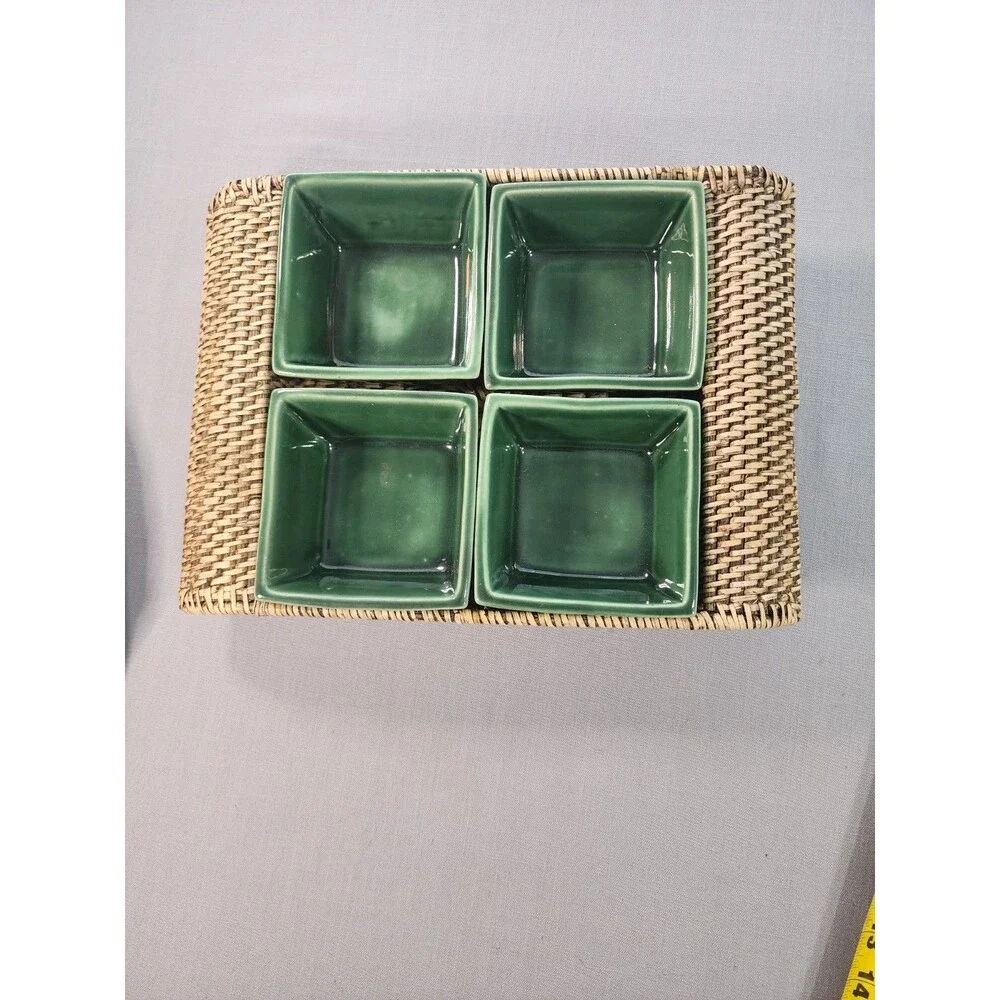 Vintage Green Ceramic 4-Section Relish Tray Set with Woven Rattan Serving Mat |